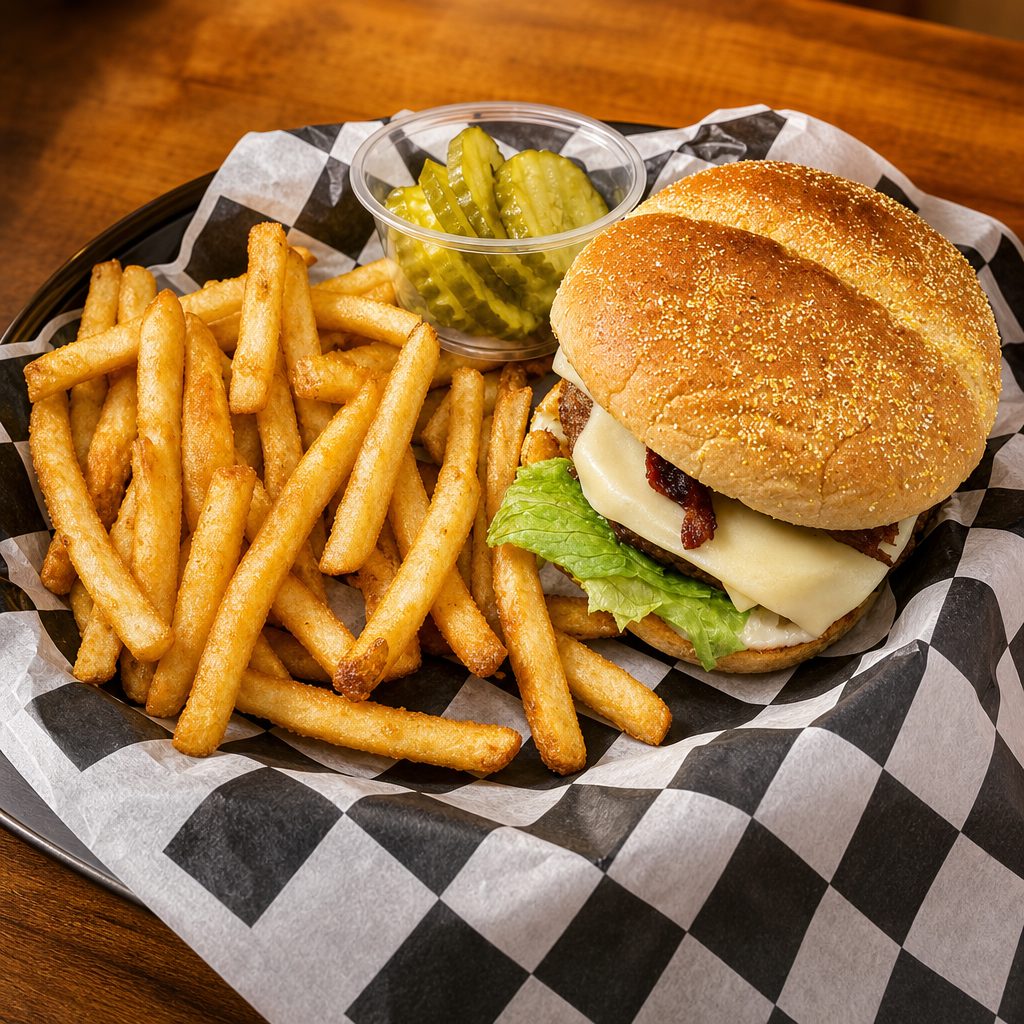 Bacon Mushroom Swiss Burger.